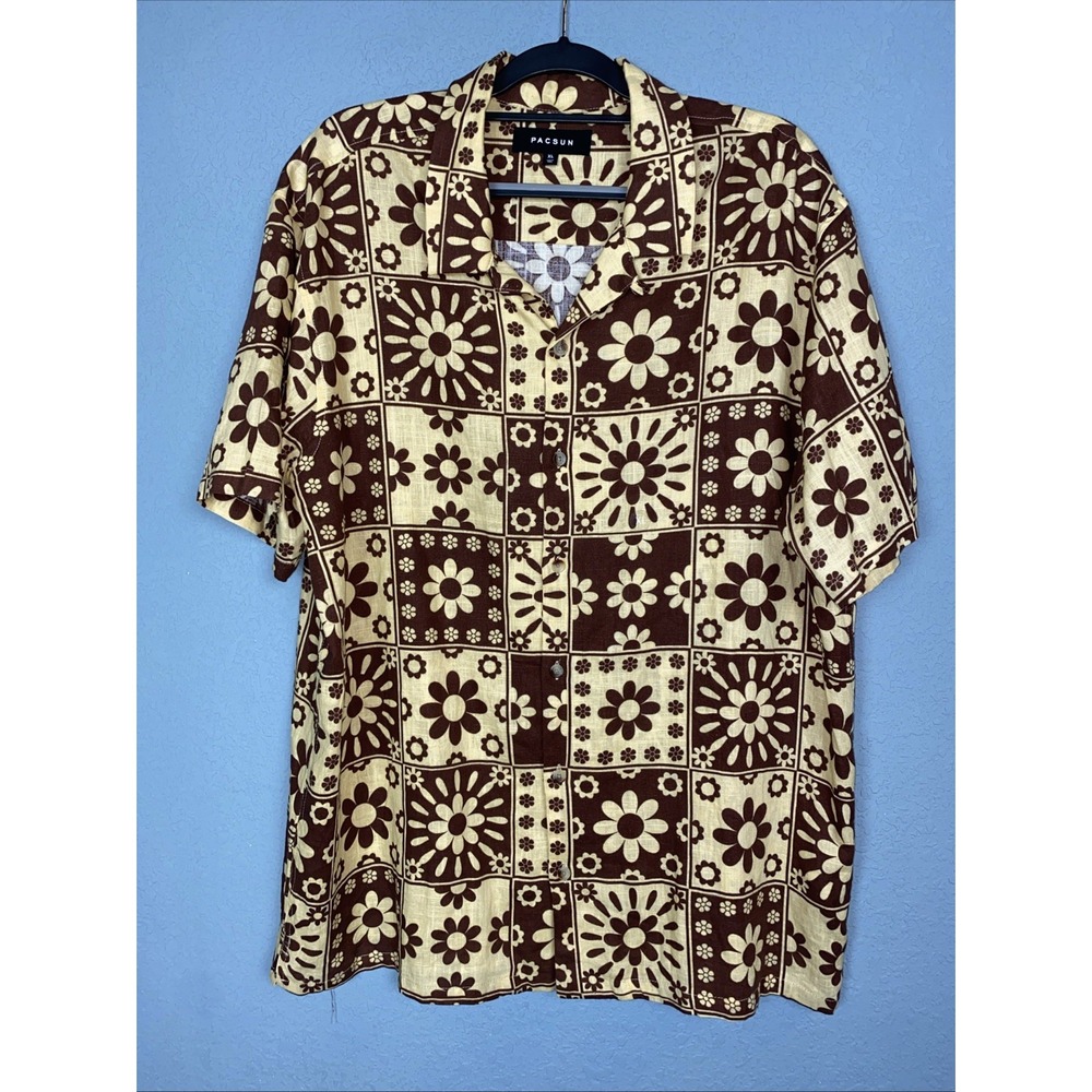 NWOT PACSUN Hawaiian Shirt Men's XL Short Sleeve Floral Brown Patchwork Linen‎